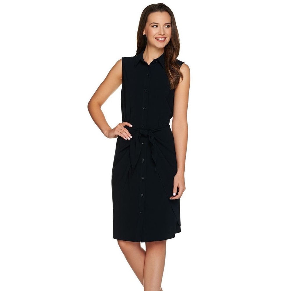 Katharine Way - Women's Full Button Front Collard Tie Waist Dress -Large - Black